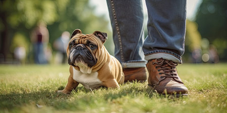 Man with bulldog walk in a summer park, Generative AIの素材