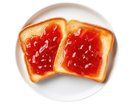 White plate with two toasts with jam isolated on white background, Generative AIの素材