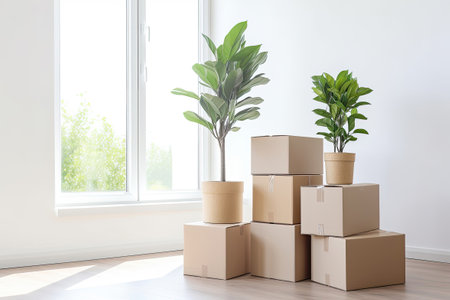 Cardboard boxes and plants ready for moving, Generative AIの素材
