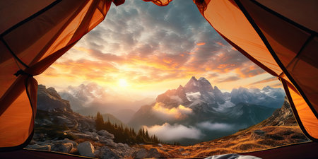 View from a tent on sunrise in mountains, Generative AIの素材