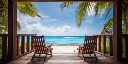 Terrace with two wooden armchairs on the sea, Generative AIの素材