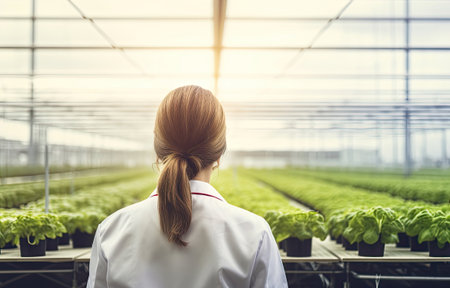 Back view of a female worker at greenhouse, Generative AIの素材