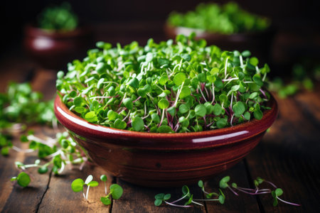 Bowl with microgreens on wooden table, Generative AIの素材