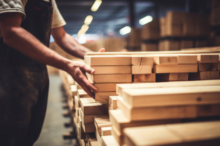 Man working at sawmill warehouse, Generative AIの素材