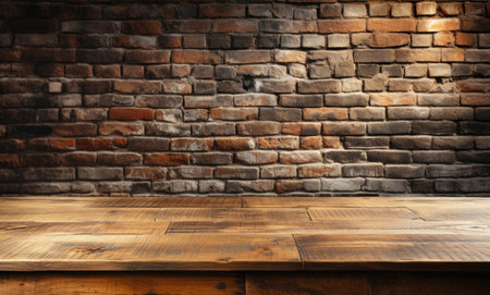 Empty old wooden table with old brown brick wall on background, Generative AIの素材