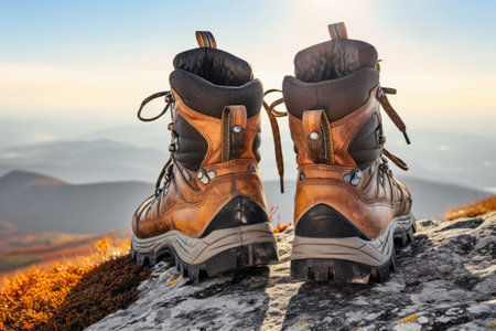 Trekking shoes standing on a stone in mountains, autumn, Generative AIの素材