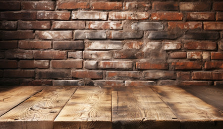 Empty old wooden table with old brown brick wall on background, Generative AIの素材