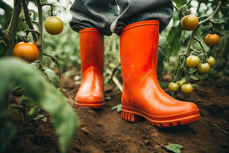 Man wearing rubber boots in a garden, Generative AIの素材