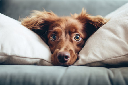 Bored dog lying on a sofa between two pillows, Generative AIの素材