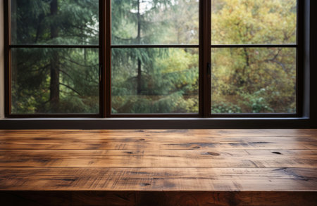 Empty wooden table near the window with the forest on background, Generative AIの素材