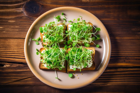 Plate with mini toasts with microgreens on wooden table, top view, Generative AIの素材