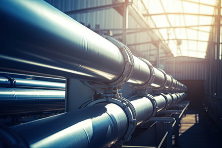 Industrial stainless steel pipeline at the factory, Generative AIの素材