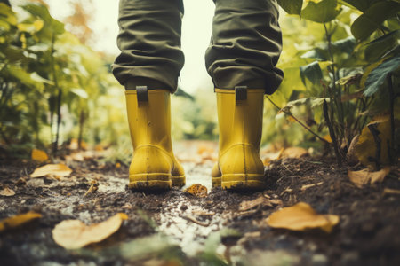 Back view of a man wearing rubber boots in a garden, Generative AIの素材