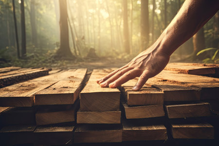 Stacks of wooden boards in a forest, Geenrative AIの素材
