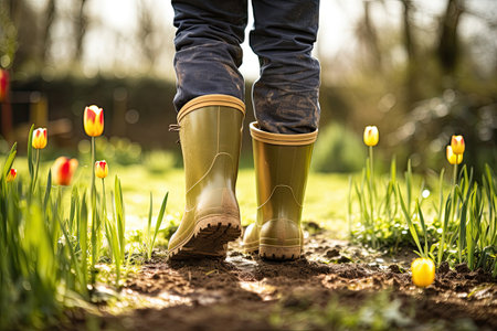 Back view of a man wearing rubber boots in a garden, Generative AIの素材