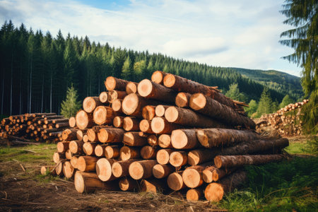 Heap of logs in a forest, deforestation concept, Generative AIの素材