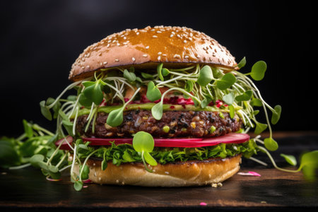 Close-up of vegetarian burger with microgreens on wooden table, Generative AIの素材