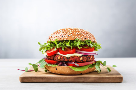 Vegan burger with microgreens on cutting board, Generative AIの素材