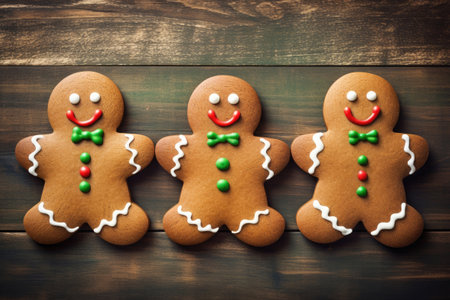Three Christmas gingerbread man cookies on wooden table, Generative AIの素材