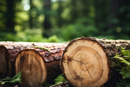 Close-up of sawn off trees in a forest, deforestation concept, Generative AIの素材