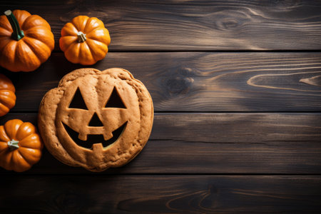 Cookie shaped as halloween pumpkin on wooden table, Generative AIの素材
