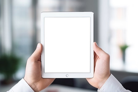 Man holding white with tablet pc with blank screenの素材