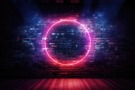 Round neon banner on dark brick wallの素材