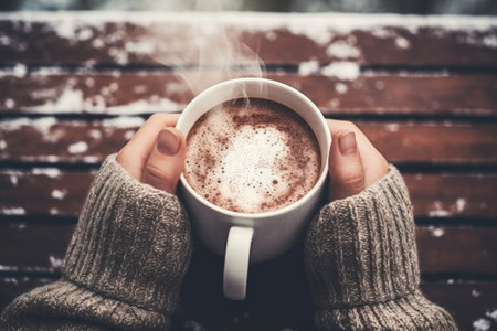 Close-up of female hands holding cup with hot steaming cocoaの素材