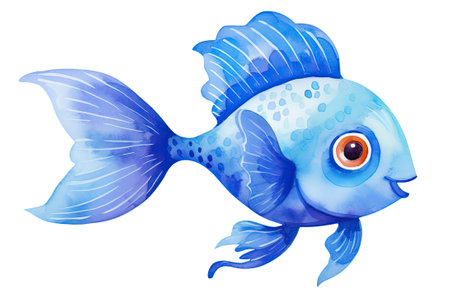 Watercolor illustration of blue fish isolated on white backgroundの素材