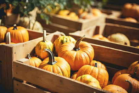 Wooden crates full of ripe pumpkins on the street marketの素材
