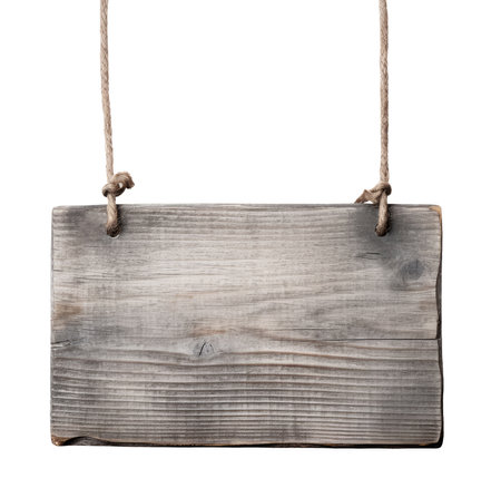 Empty grey wooden signboard with ropes isolated on white backgroundの素材
