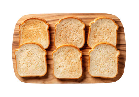 Toasts - slices of bread on cutting board, top view, isolated on white backgroundの素材