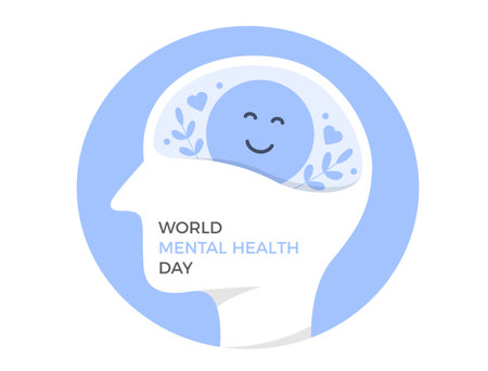 World mental health day concept, human head profile with positive thinking brain, vector eps10 illustrationのイラスト素材