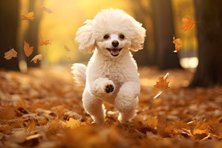 Funny poodle playing with leaves in autumn parkの素材