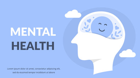 World mental health day concept, human head profile with positive thinking brain, vector eps10 illustrationのイラスト素材