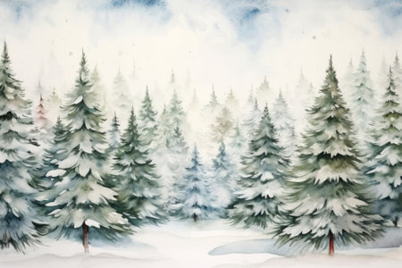 Watercolor illustration of a winter forestの素材