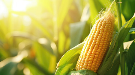Close-up of ripe corn cob on the background of corn fieldの素材