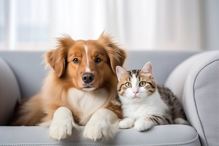 Cat and dog together on the sofaの素材
