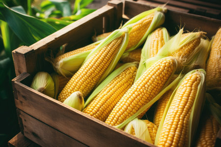 Wooden crate with freshly picked ripe corn cobsの素材