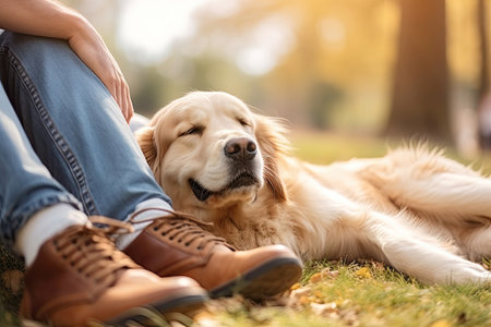 Close-up of a man sitting with his happy dog in a parkの素材