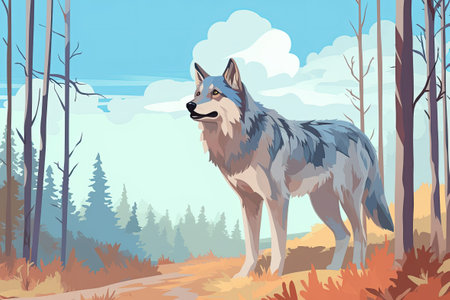 Illustration of a wolf in a forestの素材