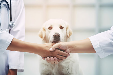 Veterinarians handshake and dog sitting behindの素材