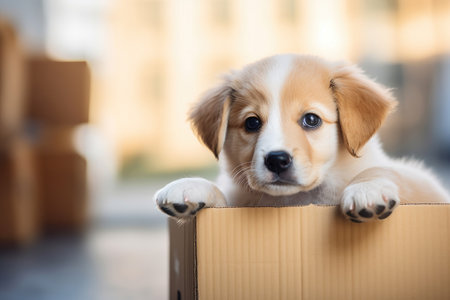 Puppy looking out of the cardboard boxの素材