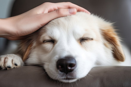 Close-up of a female hand stroking head of puppy at homeの素材