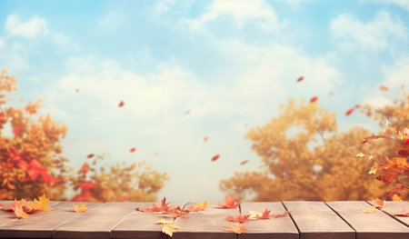 Empty wooden desk with autumn trees and sky backgroundの素材
