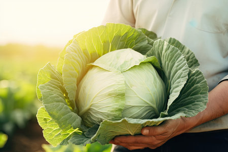 Close-up of a man holding ripe cabbage in the fieldの素材
