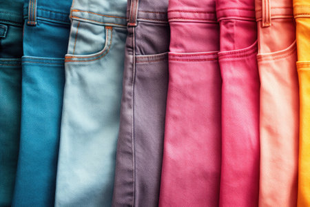 Row of colored jeans, close-upの素材