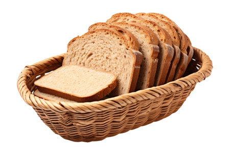Slices of bread in a basket isolated on white backgroundの素材