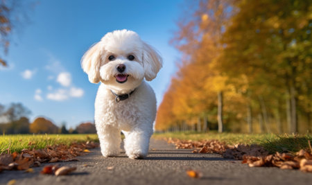 Bichon frise dog walking on the trail in autumn parkの素材