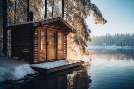 Sauna on the shore of the lake, winterの素材